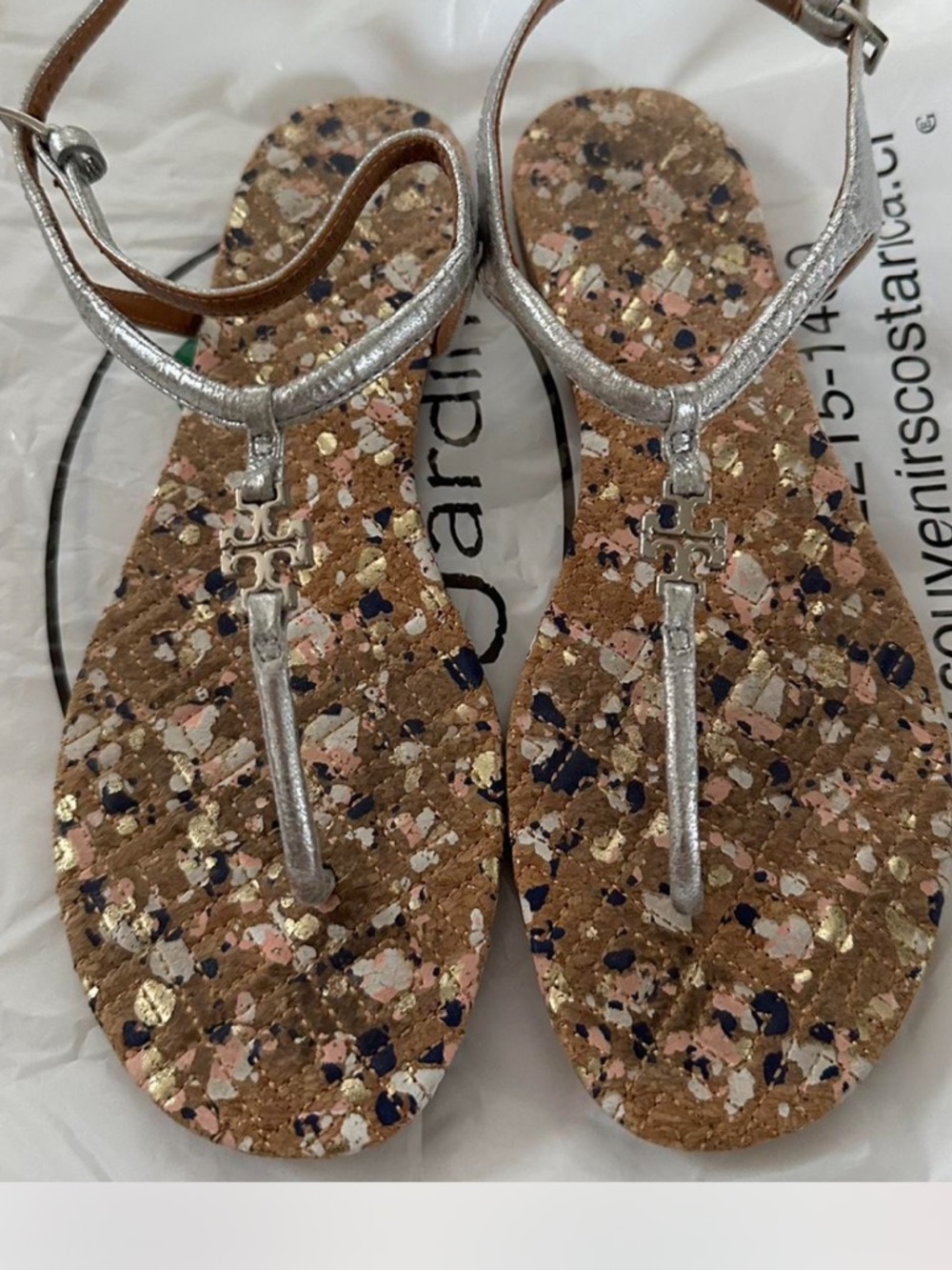 Tory Burch Marion Confetti Quilted T-Strap Silver Sandals Women's Size 6